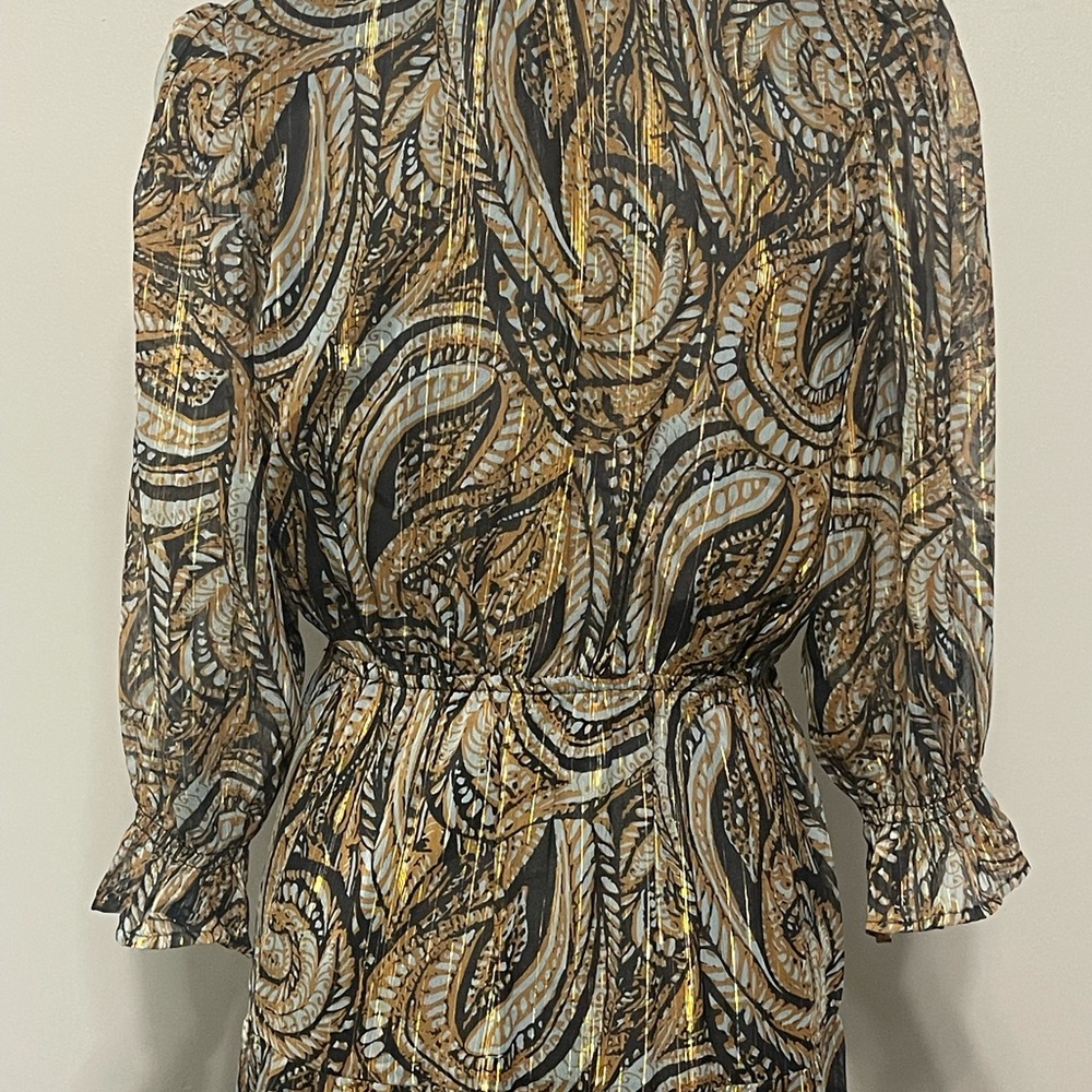 Elan Maxi Med. Dress Tiered Sheer Lined 3/4 Sleeve Metalic Gold Fairy Whimsical - Picture 13 of 14